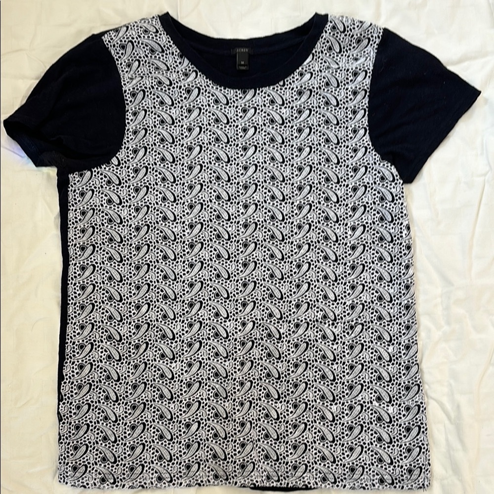 J Crew Navy and White Paisley Eyelet Lace Top